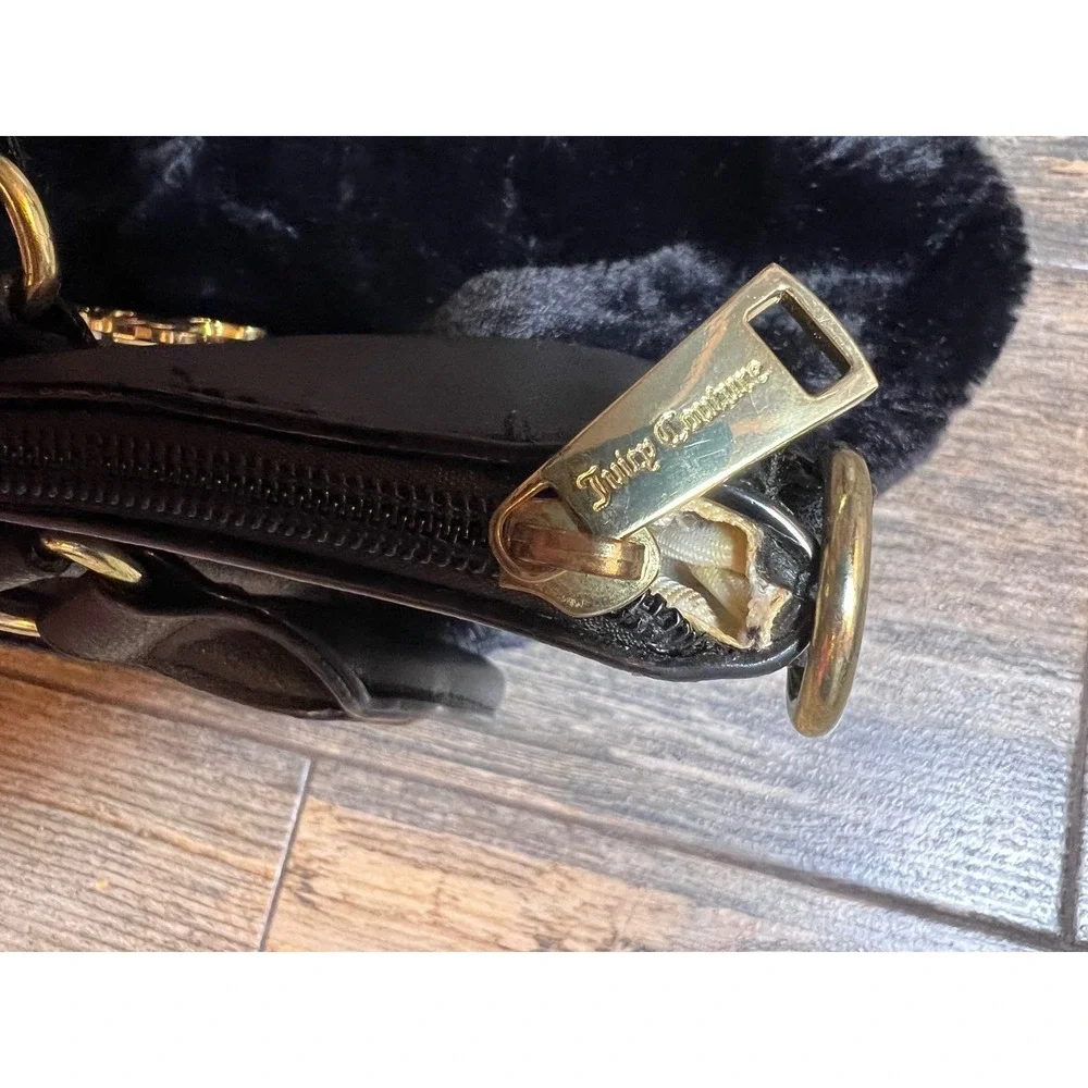 Juicy‎ Couture Black Faux Fur Satchel Handbag Gold Logo Detachable Strap Fluffy